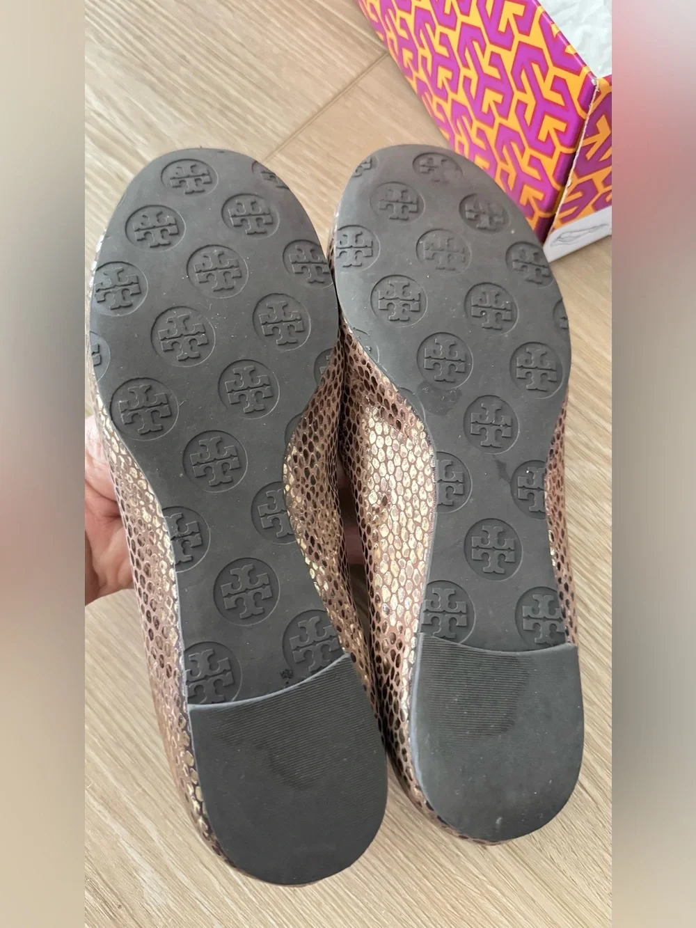Tory Burch Metallic Gold Reva Snake-Print Ballet Flats